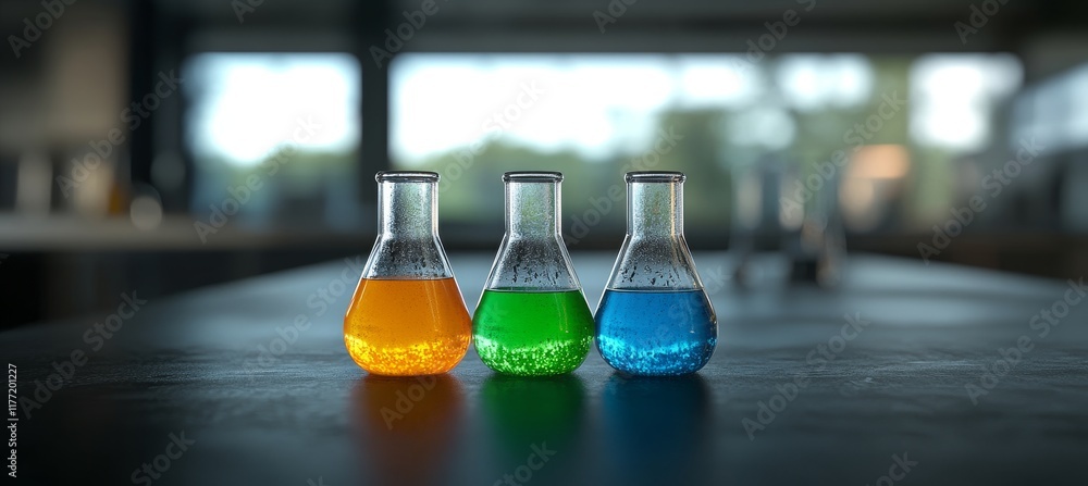 Poster three laboratory flasks with colorful chemical solutions on a reflective countertop in a modern lab