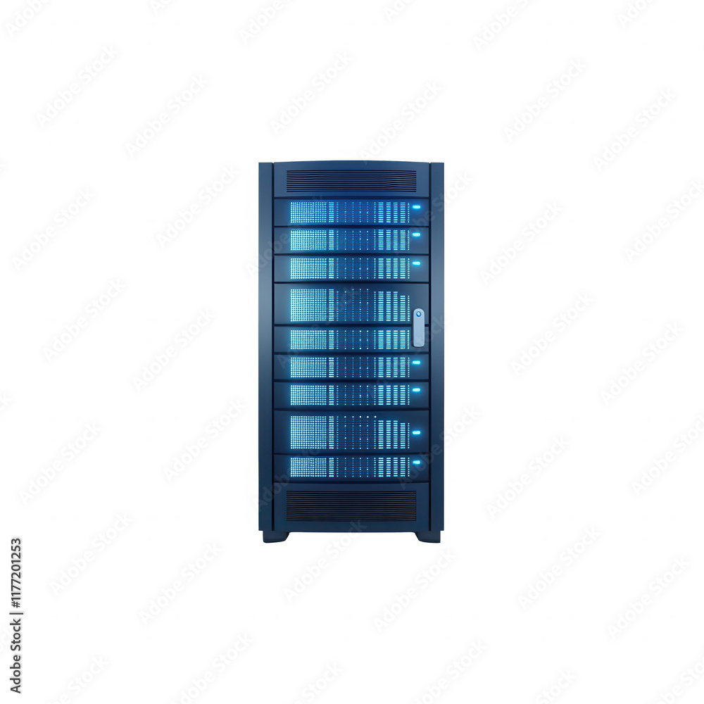 Poster modern server rack with blue lighting for data center efficiency and reliability.