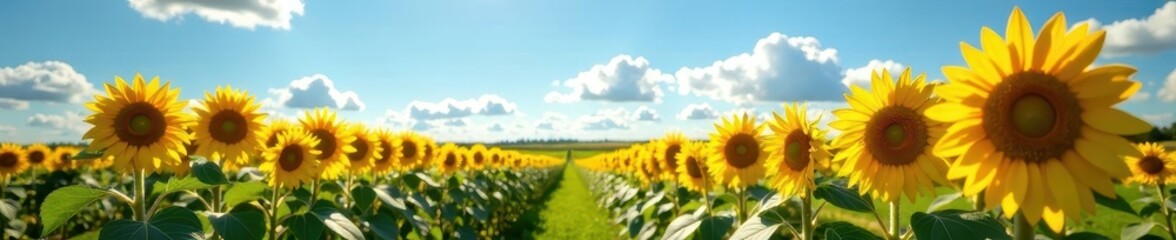 Endless rows of sunflowers bathed in sunlight under a flawless blue sky , scenic, rural, vibrant