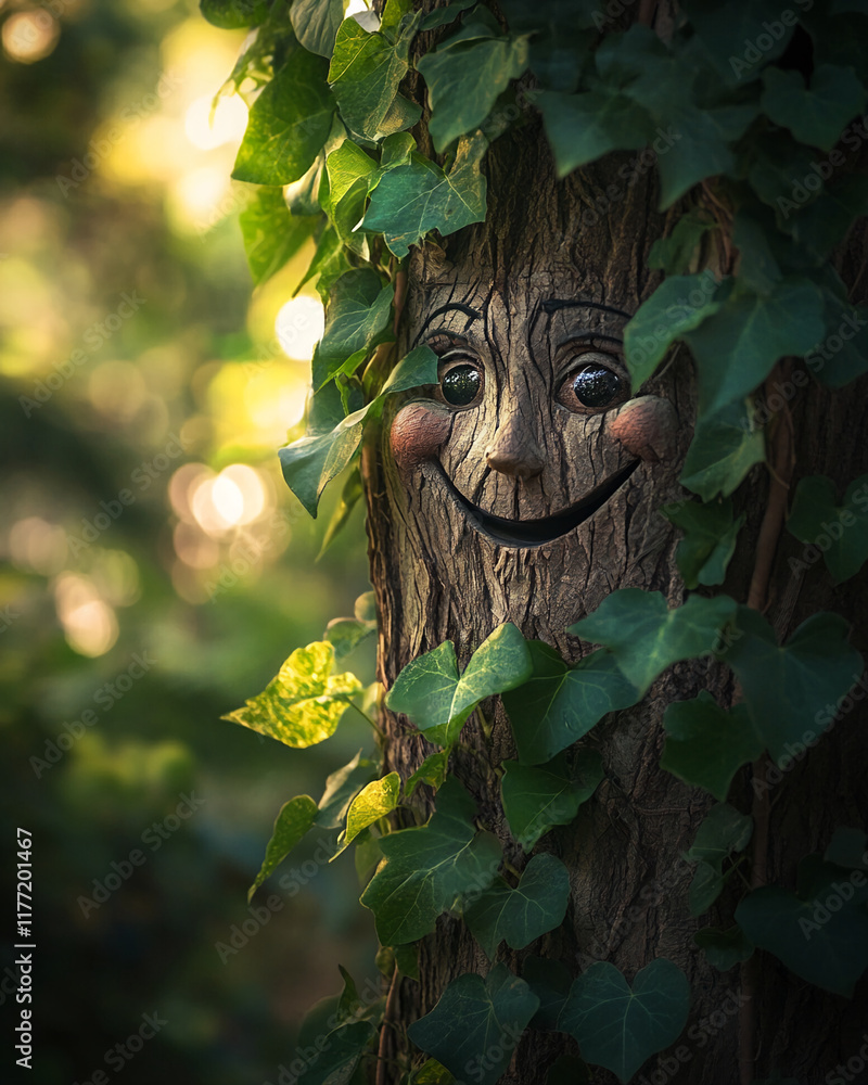 Poster Smiling tree face with ivy leaves in a magical forest setting