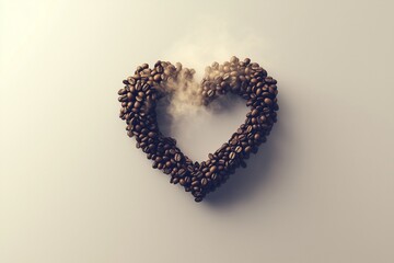 A steaming heart shape made of coffee beans placed on a neutral beige background