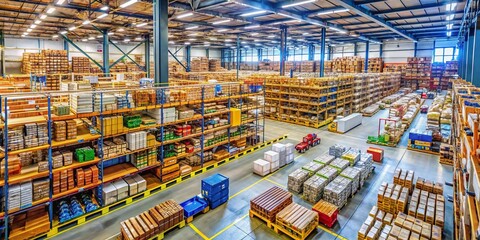 Aerial View of High Bay Warehouse Racking System Filled with Goods
