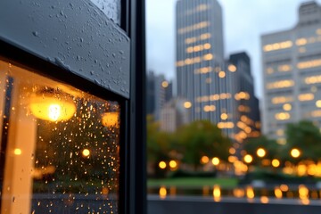The raindrops on the window create a beautiful interplay of light and reflection, showcasing an enchanting cityscape filled with vibrant urban charm.