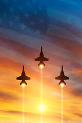 Air Force Day. Aircraft silhouettes on background of sunset. Vertical poster.