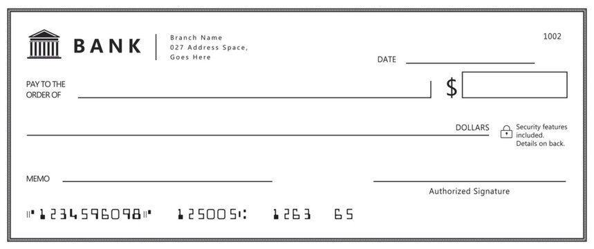 Bank check, vector blank money cheque, checkbook template with guilloche pattern and fields. Currency payment coupon, money check background	