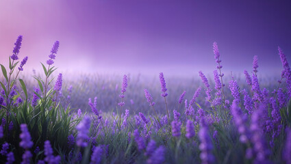 Fototapeta premium Lavender field emerging from fog at sunset creating a purple haze