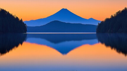 Fototapeta premium Serene sunrise over a still lake reflecting a majestic mountain.