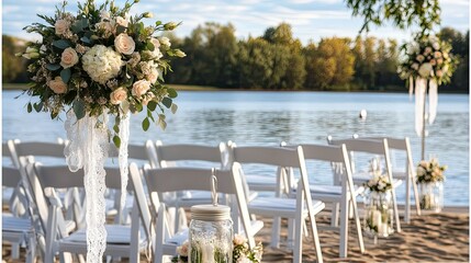 Beautiful wedding decoration on the beach features white chairs adorned with lace and flowers, creating a romantic setting by the water