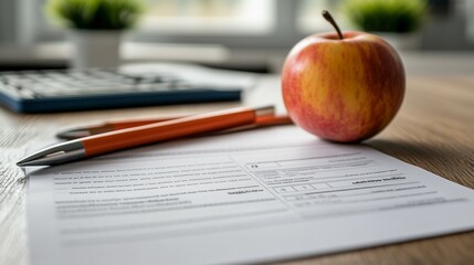 Workspace with Apple, Pens, and Tax Document on Wooden Desk