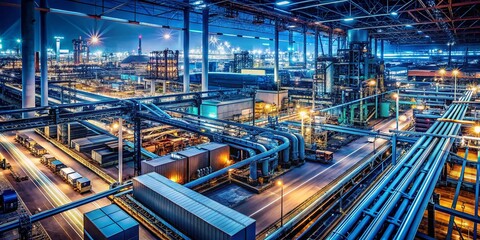 Aerial View of Industrial Automation System Network, Data Bus Communication, Smart Factory