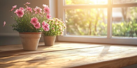 Fototapeta premium A rustic wooden table with flowers in a bright, inviting space, symbolizing coziness and natural aesthetics.