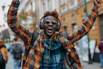 Portrait of african man wearing sunglasses and listening to music, arms raised, extremely happy and cheering