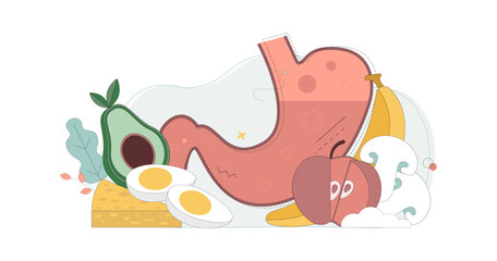 Concept proper nutrition. Healthy eating behavior. Happy stomach. Vector illustration..eps