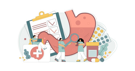 Concept stomach. Insurance medicine. Treatment, examination of the stomach. Doctors are looking for the cause of digestive problems. Vector illustration.eps