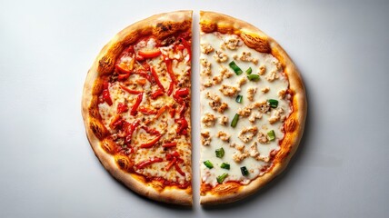 Two halves of pizza with different toppings displayed on light-colored background
