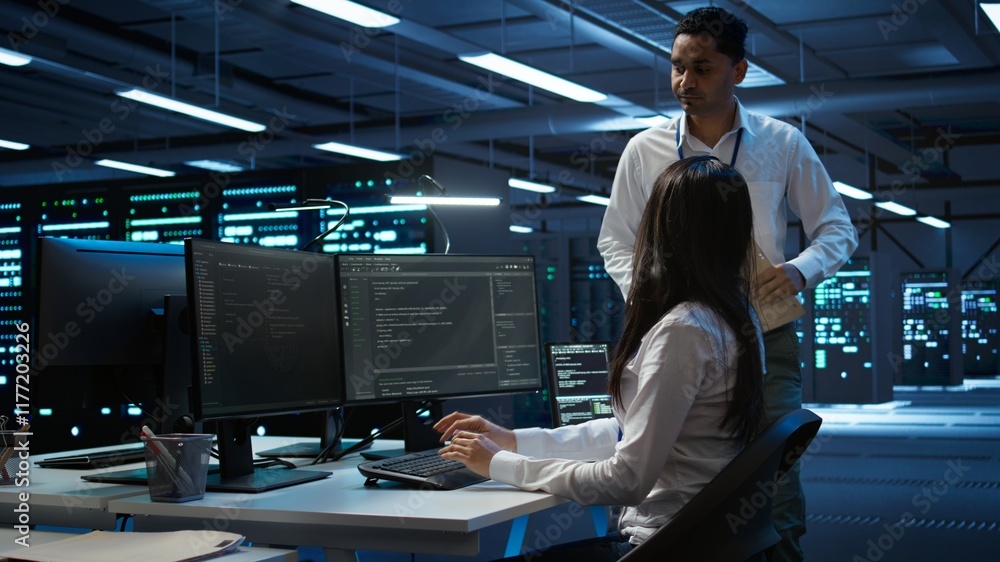 Poster management executive in data center ensuring system can handle networking tasks. coworkers doing bra