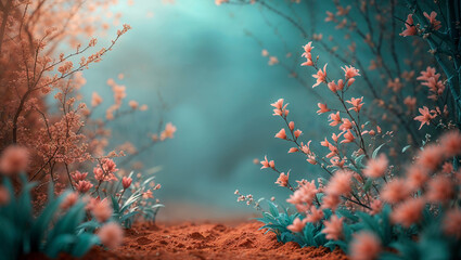 Pink flowers blooming in a magical forest filled with sunlight
