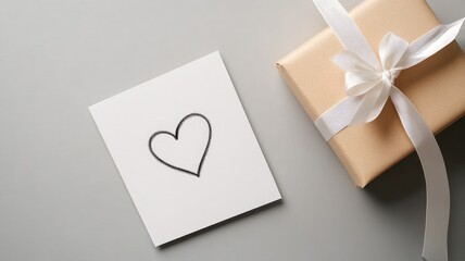 Gift-wrapped present with heart card on grey background