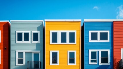 Obraz premium Series of modern row houses in a vibrant urban renewal area, showcasing contemporary architecture and revitalized community spaces.