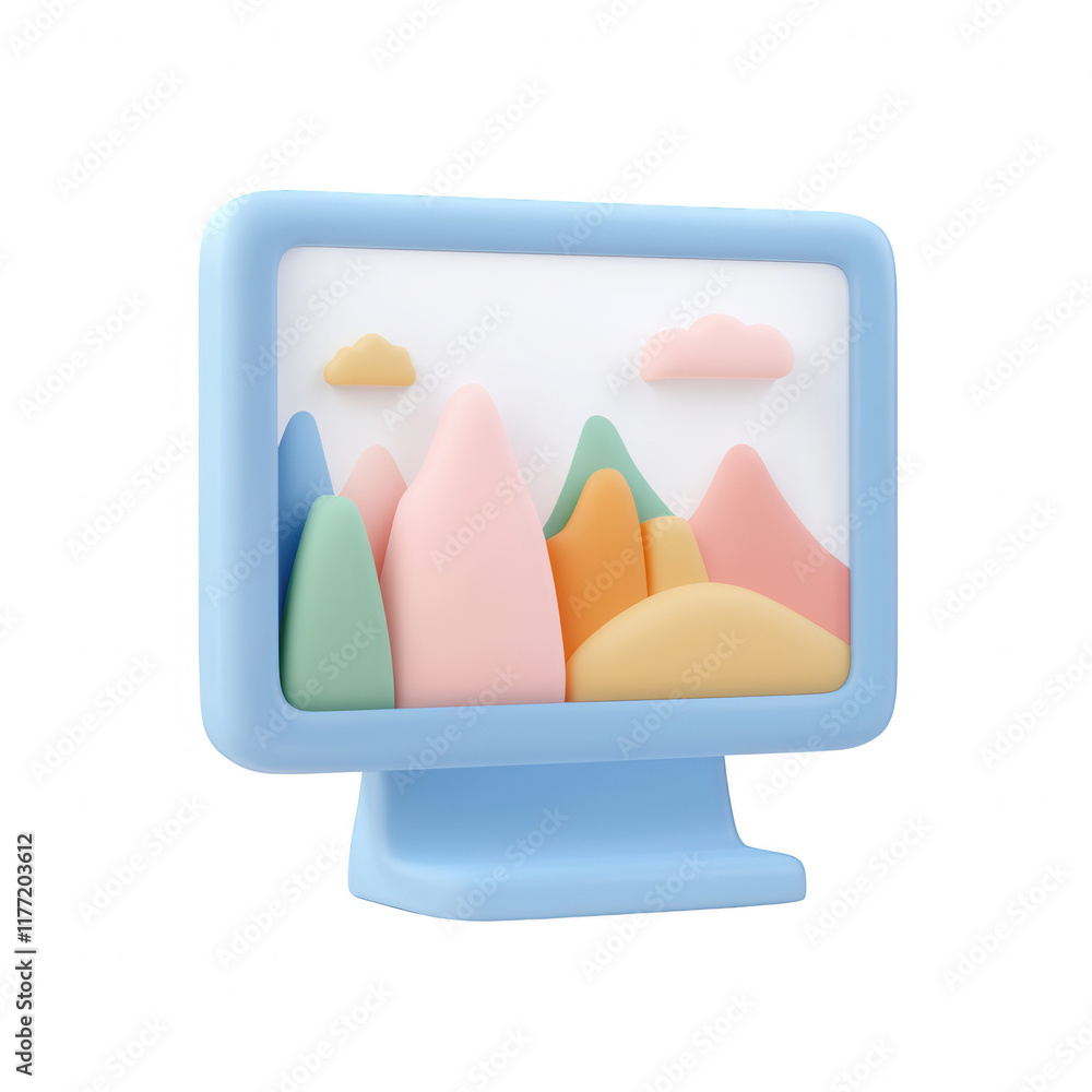 Poster a colorful 3d illustration of a computer monitor displaying abstract mountains., isolated on a trans