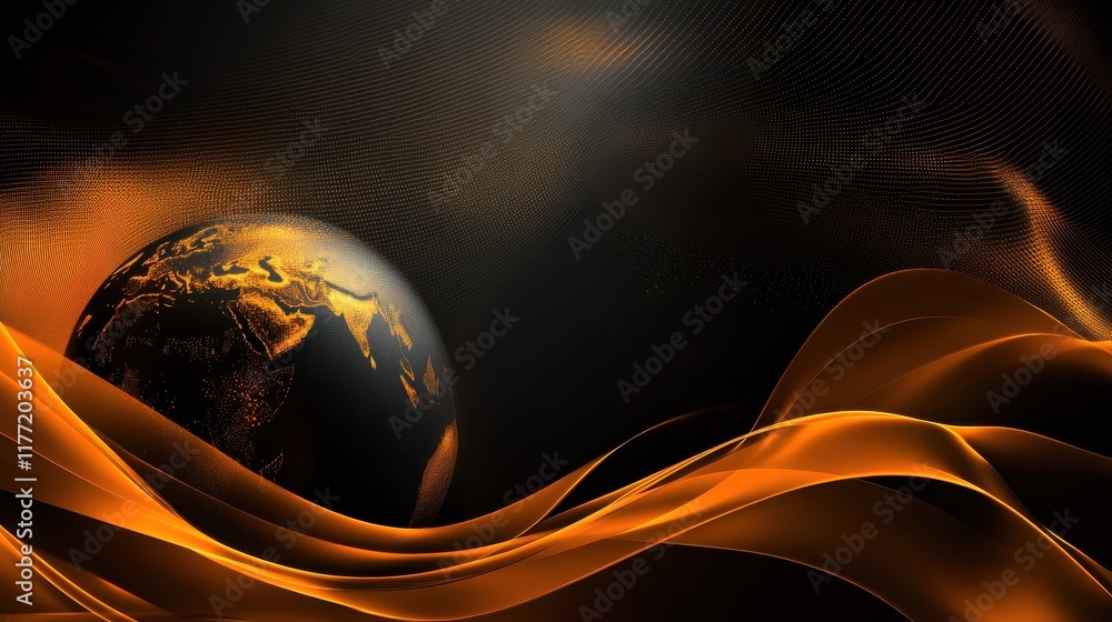 Poster abstract black orange technology background with earth globe and smooth waves. concept tech vector d