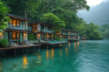 Naklejka premium Lakeside bungalows with evening lights, misty mountains, lush jungle, tranquil vacation