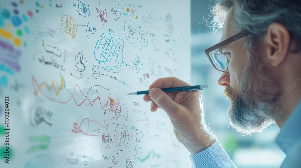 Poster a focused individual sketches ideas on a whiteboard, showcasing creativity and brainstorming in a co