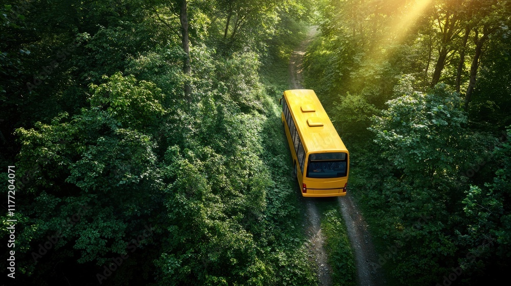 Poster A vibrant yellow bus travels a secluded forest path, surrounded by lush greenery and illuminated by soft sunlight filtering through the trees.