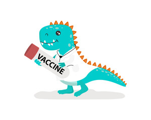 Cute dinosaur holding a bottle of vaccine. Popularization of vaccination among children. Graft. Prophylactic injection