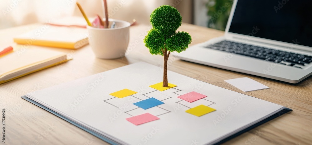 Leinwandbilder A miniature tree grows from a flowchart on a workspace, symbolizing growth and creativity in planning and organization.