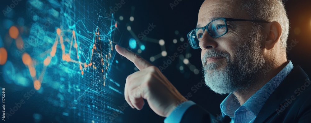 Poster a thoughtful man interacts with a digital interface, pointing at glowing data visuals that represent