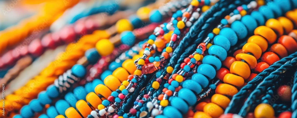 Poster a vibrant collection of colorful beads arranged in various patterns, showcasing an array of textures