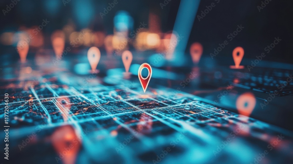 Poster technology and global connection concept. close up of digital map with location pins and laptop on b