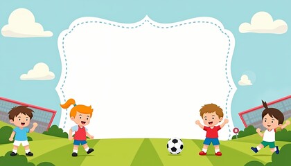 Blank cartoon frame with kids playing soccer on field.