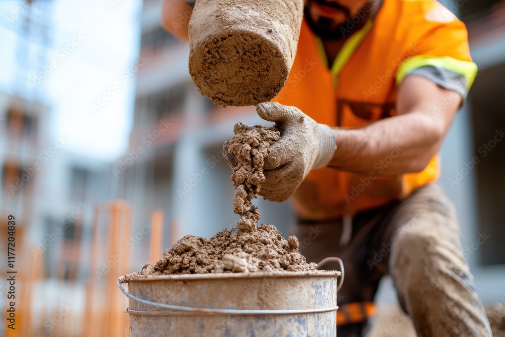 Aufkleber a skilled laborer is pouring fresh material from a scoop into a bucket, highlighting the essential t