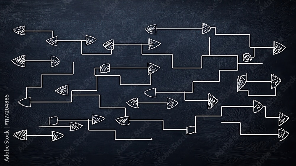 Fototapete A series of interconnected arrows on a chalkboard, illustrating a complex flowchart or decision-making process.