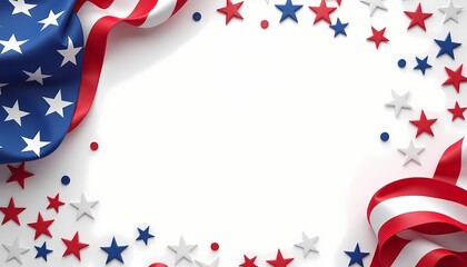 Obraz premium Blank frame with American flag, stars, and red ribbons.
