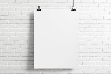 Blank vertical poster held by clips, hanging against a white brick wall. Minimalistic style, perfect for mockup, template, or design concepts. Ai generative
