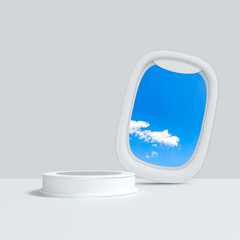 Product Display Scene, Minimalist Airplane Window View with Blue Sky