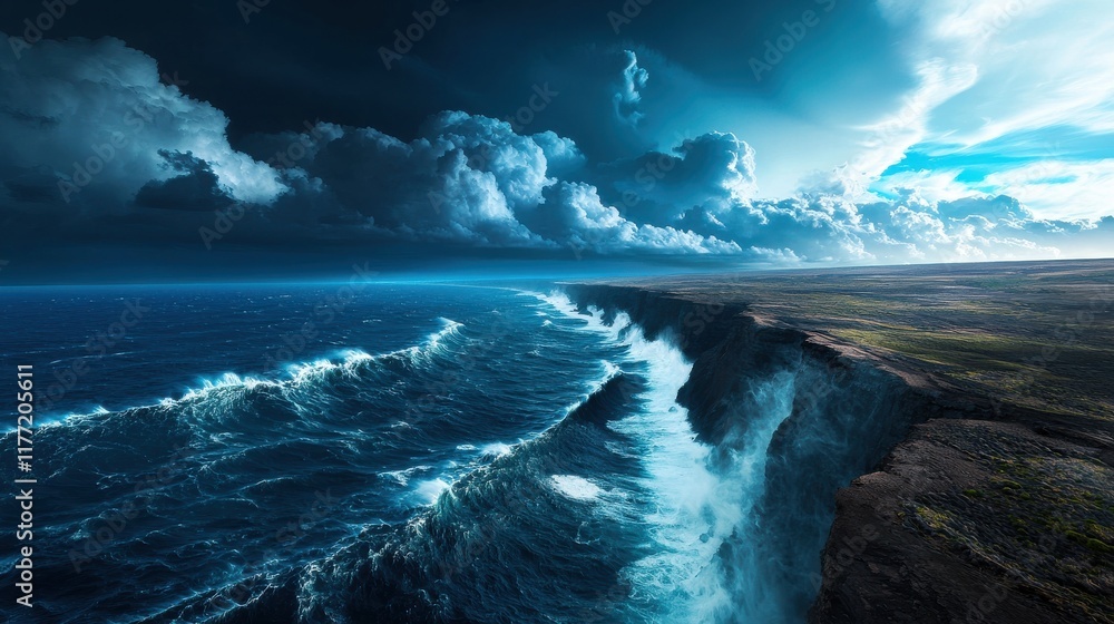Poster a dramatic coastal scene showcasing turbulent ocean waves crashing against rugged cliffs under a moo