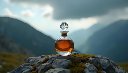 Elegant Perfume Bottle in Serene Mountain Landscape