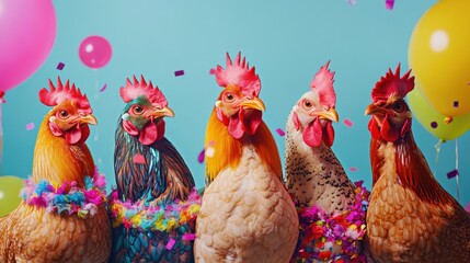 Creative animal concept. Group of chicken in funky Wacky wild mismatch colourful outfits on bright background advertisement, copy space. birthday party invite invitation banner