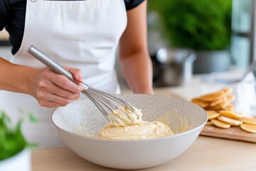 A close-up view of a person whisking a creamy batter in a contemporary kitchen, showcasing the art of baking and the joy of culinary creativity.