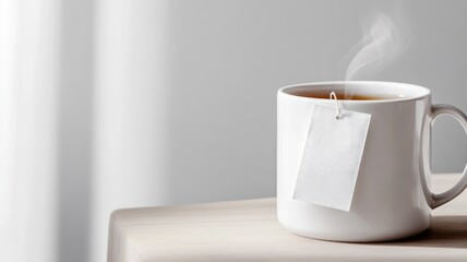 Steaming cup of tea with bag on table