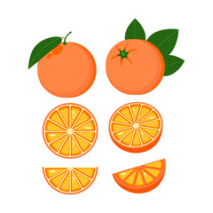 Orange whole and slice. Fresh juicy tropical fruit. Vector illustration