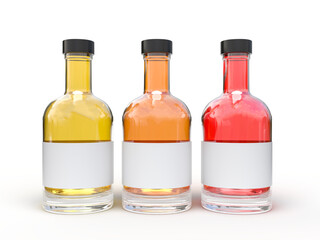 Realistic 3D glass bottle mockup, isolated with blank label, lid and liquid within. Mockups container for alcohol drink, water, liquid product, shampoo, beer, soda, vegetable oils or juice glassware