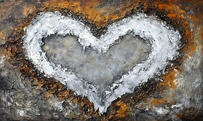 Abstract heart painting with textured, metallic silver and brown tones.