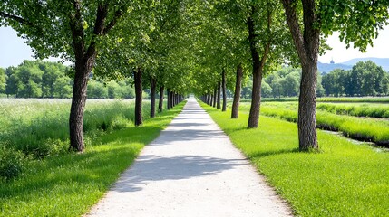 Obraz premium Serene Park Path Tree Lined Walkway Green Grass Summer Scenery