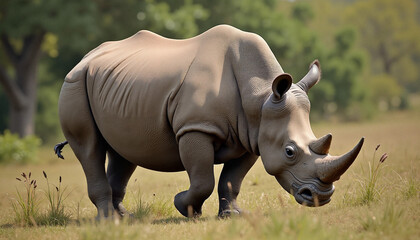 Obraz premium Majestic rhinoceros walking through grassy landscape, wildlife conservation