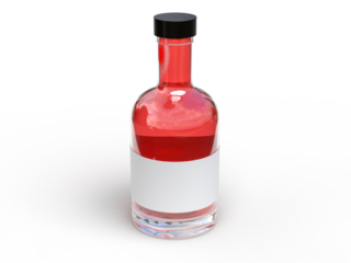 Realistic 3D glass bottle mockup, isolated with blank label, lid and liquid within. Mockups container for alcohol drink, water, liquid product, shampoo, beer, soda, vegetable oils or juice glassware